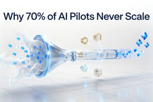 Enterprise AI scaling pipeline diagram showing pilot projects failing and succeeding in business production environments
