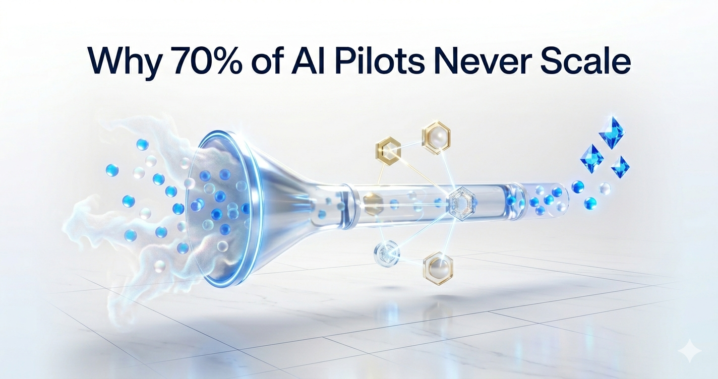 Enterprise AI scaling pipeline diagram showing pilot projects failing and succeeding in business production environments