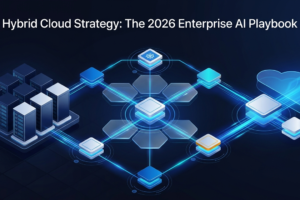 Hybrid cloud strategy diagram: private server cluster, edge layer, and public cloud zones connected by AI data flow lines for enterprise CTOs