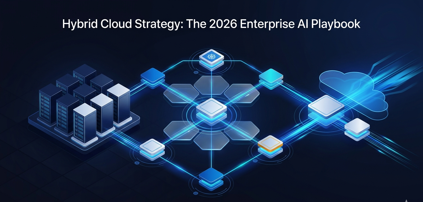 Hybrid cloud strategy diagram: private server cluster, edge layer, and public cloud zones connected by AI data flow lines for enterprise CTOs