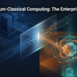 3D rendered hybrid quantum-classical computing architecture showing quantum processor node merging with classical server infrastructure