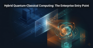 3D rendered hybrid quantum-classical computing architecture showing quantum processor node merging with classical server infrastructure