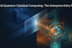3D rendered hybrid quantum-classical computing architecture showing quantum processor node merging with classical server infrastructure