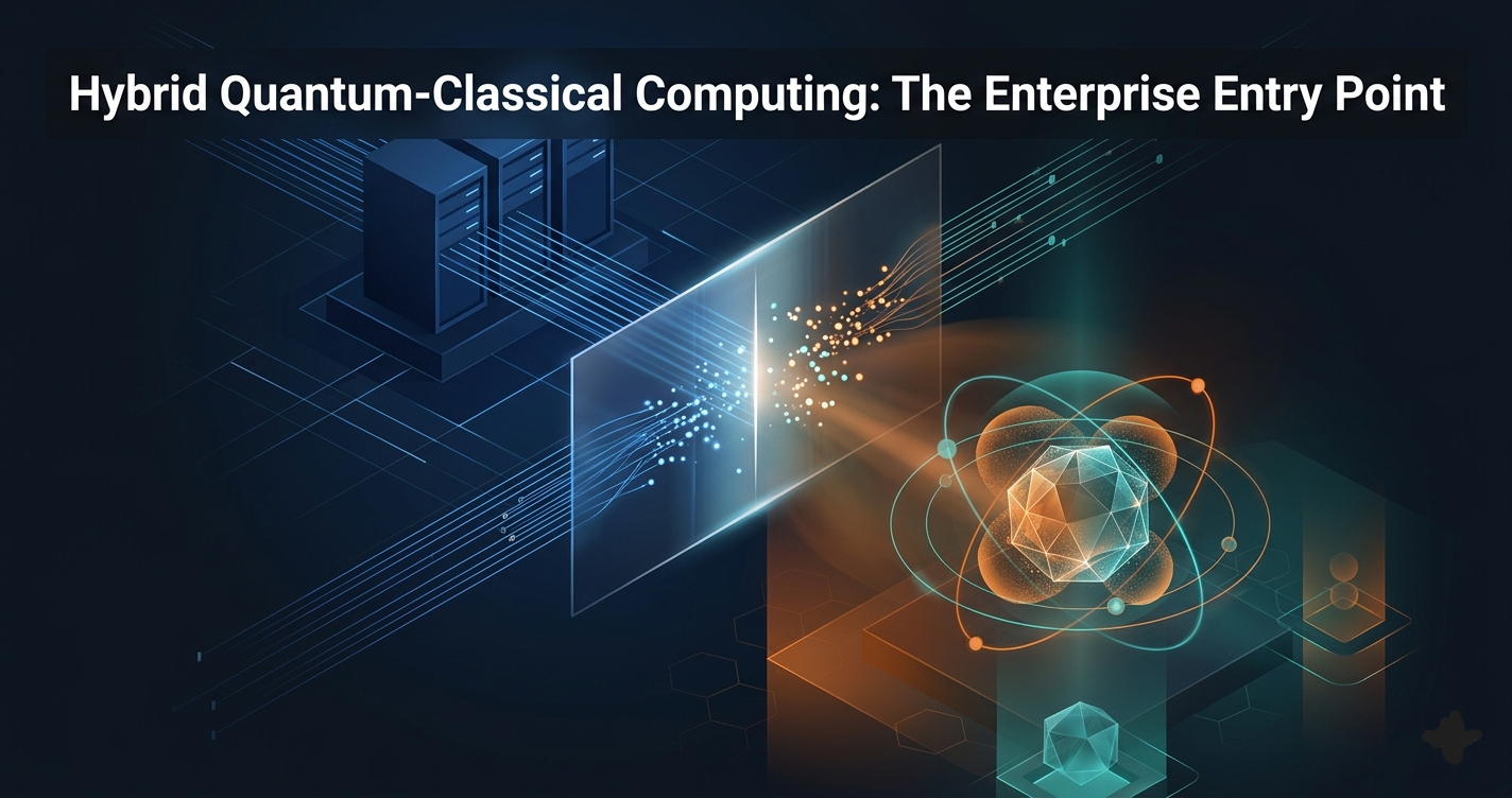 3D rendered hybrid quantum-classical computing architecture showing quantum processor node merging with classical server infrastructure