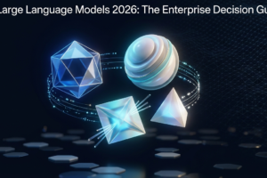 Three glowing 3D AI model cores representing GPT-5, Claude 4, and Gemini 2.5 Pro in a large language models comparison 2026