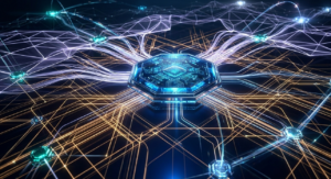 3D network visualization of MCP and A2A protocol layers connecting AI agents across enterprise infrastructure