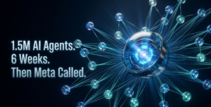 Abstract 3D AI agent network visualization with deep blue nodes converging into one dominant sphere, representing Meta's Moltbook acquisition