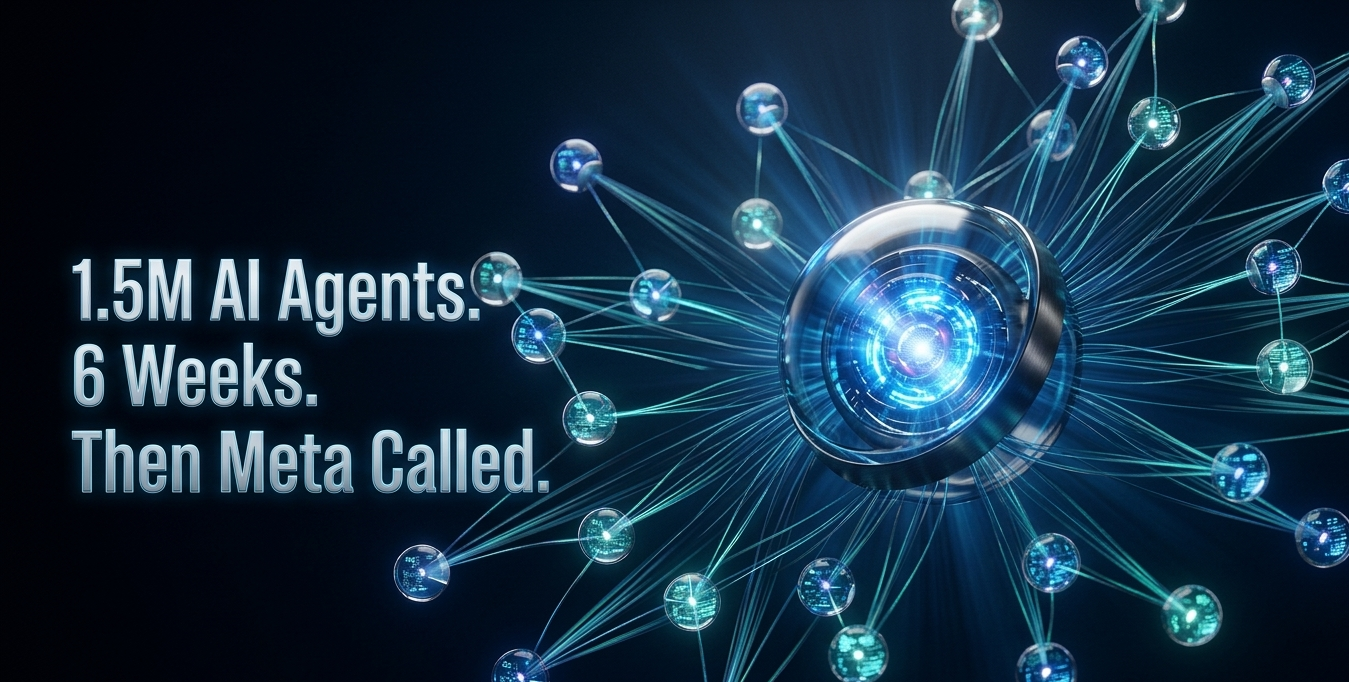 Abstract 3D AI agent network visualization with deep blue nodes converging into one dominant sphere, representing Meta's Moltbook acquisition