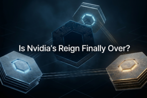 Abstract 3D silicon chip constellation in deep blue showing three competing AI hardware cores connected by luminous circuit threads