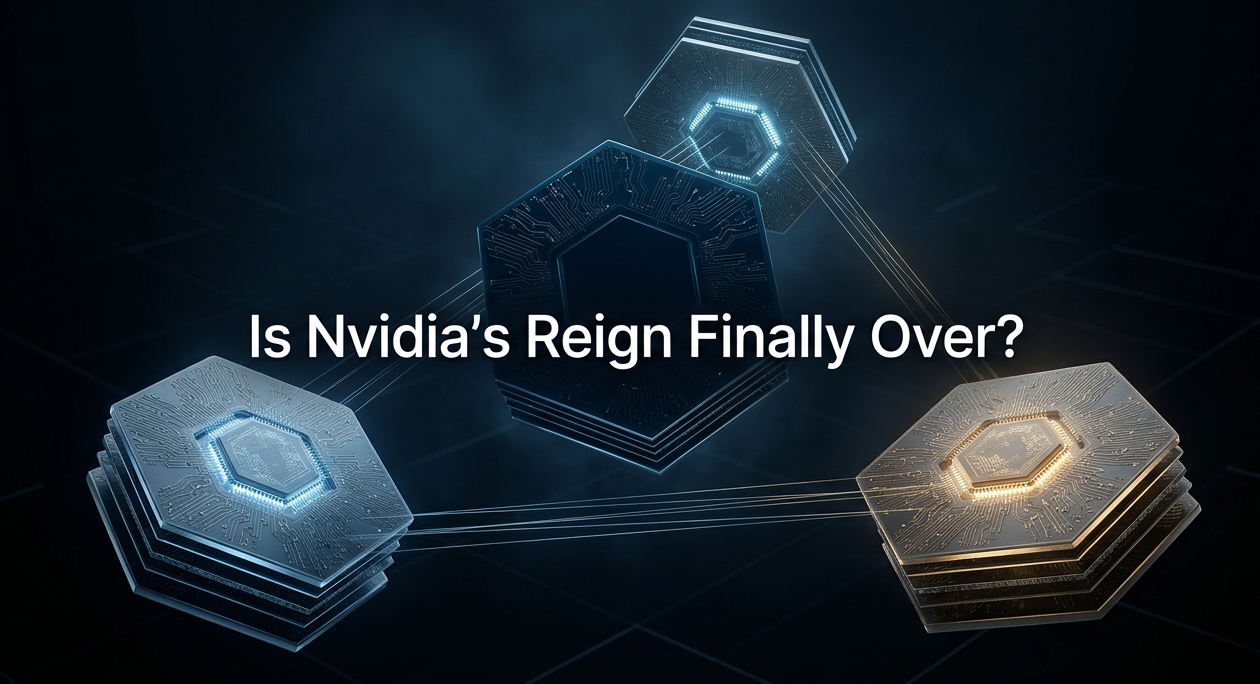 Abstract 3D silicon chip constellation in deep blue showing three competing AI hardware cores connected by luminous circuit threads