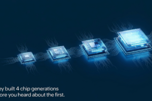Abstract 3D rendering of four glowing Meta MTIA chip generations ascending in deep blue void with circuit traces