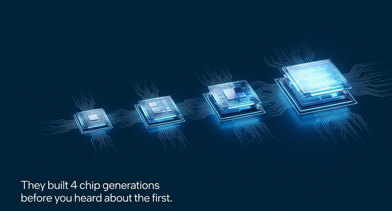 Abstract 3D rendering of four glowing Meta MTIA chip generations ascending in deep blue void with circuit traces
