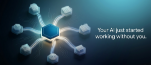 Abstract 3D deep blue control hub with orbiting geometric task nodes connected by electric data streams representing Microsoft Copilot Cowork agentic AI