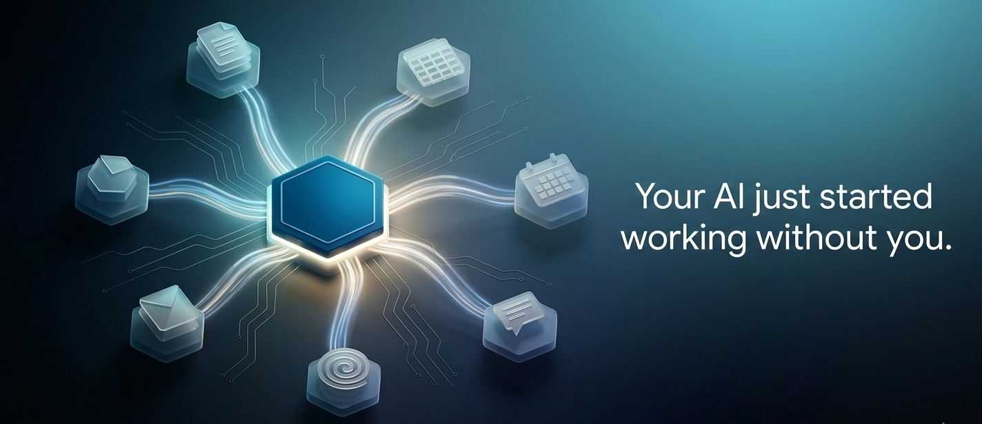 Abstract 3D deep blue control hub with orbiting geometric task nodes connected by electric data streams representing Microsoft Copilot Cowork agentic AI