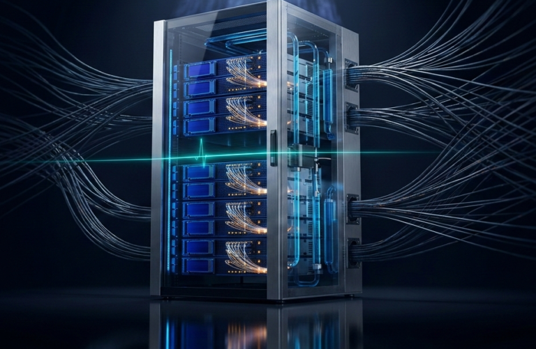 NVIDIA Rubin NVL72 AI server rack with liquid cooling and fiber optic cables in a dark data center