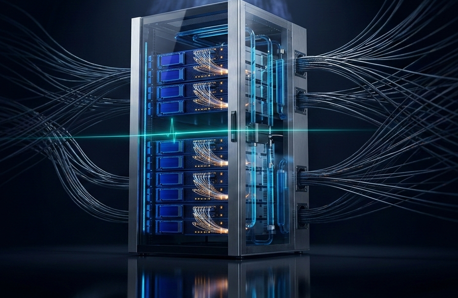 NVIDIA Rubin NVL72 AI server rack with liquid cooling and fiber optic cables in a dark data center