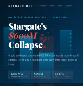 Abstract data center towers visualization showing Stargate AI infrastructure collapse with fractured server halls in deep blue and red
