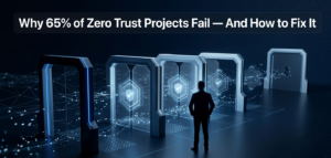 3D digital security architecture with glowing zero trust verification gates and enterprise network mesh visualization