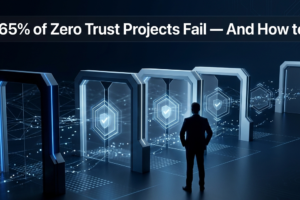 3D digital security architecture with glowing zero trust verification gates and enterprise network mesh visualization