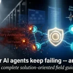 Fractured AI agent node network with glowing cyan healthy nodes and amber failing nodes, circuit breaker diagrams, server hall background