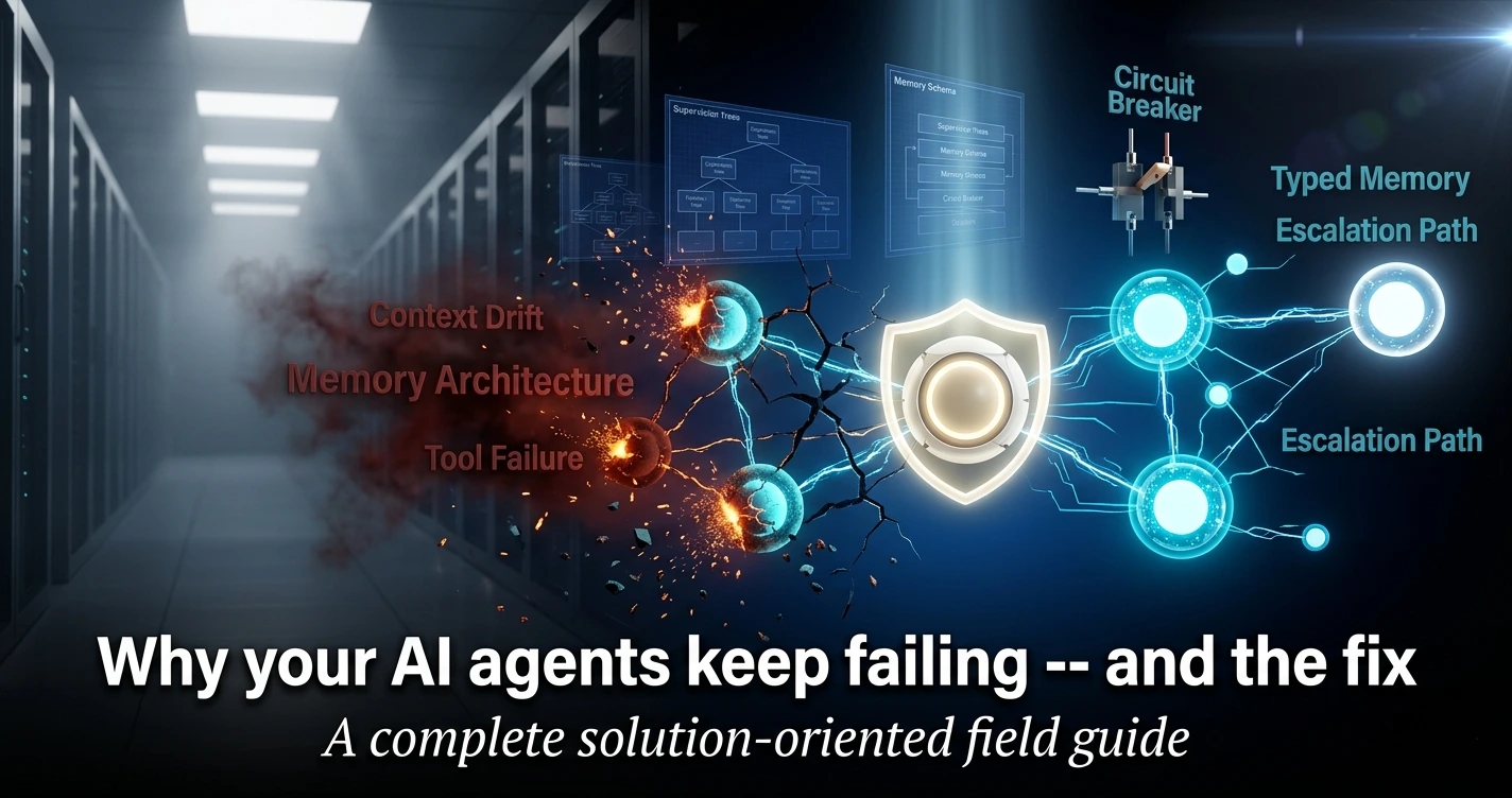Fractured AI agent node network with glowing cyan healthy nodes and amber failing nodes, circuit breaker diagrams, server hall background