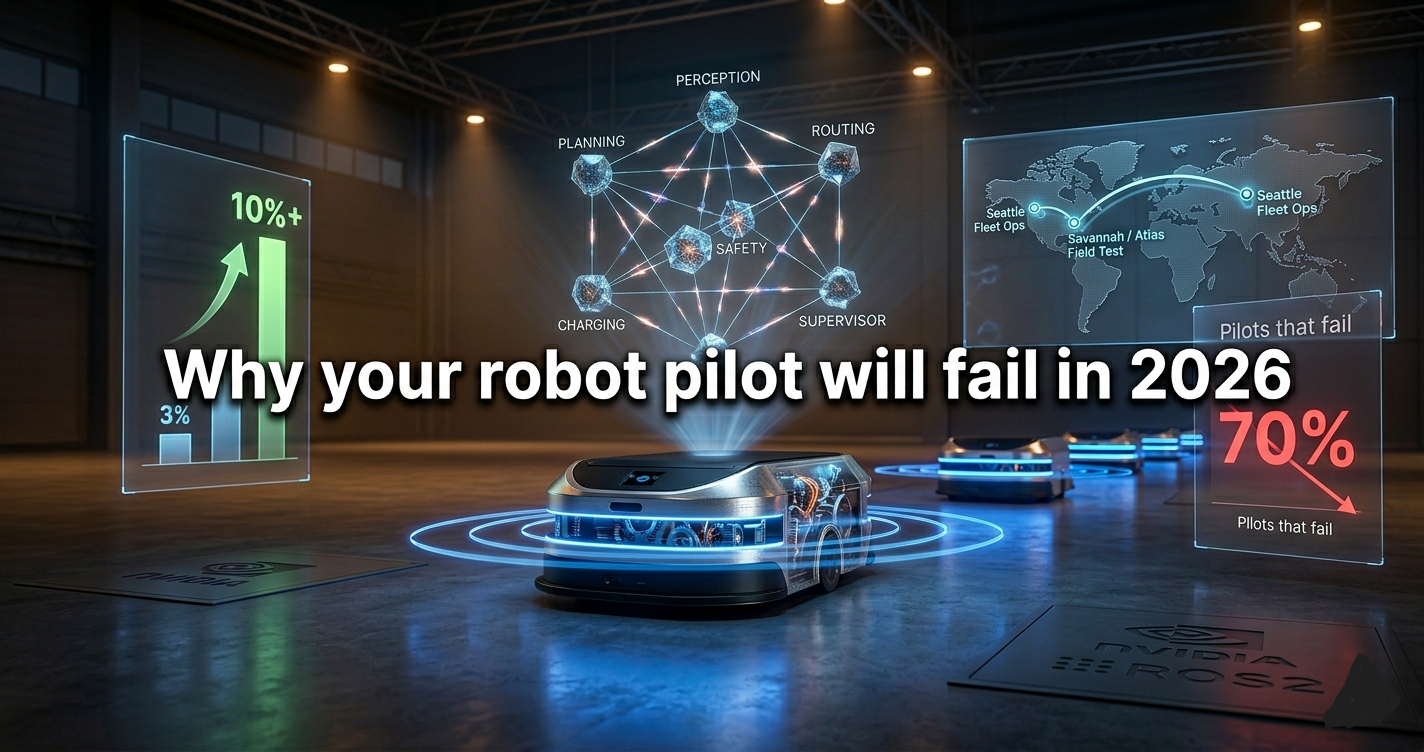 Agentic AI warehouse robot fleet with holographic multi-agent control network and 70% pilot failure data visualization on factory floor