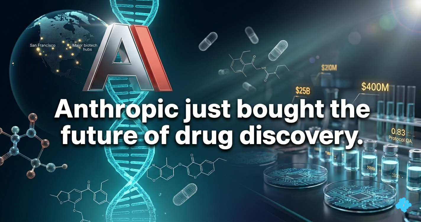 Anthropic logo merging with glowing DNA helix above molecular drug discovery visualization in deep navy and cyan