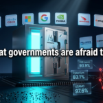 Anthropic containment vault with cyan glow, 11 partner company logos orbiting, floating cybersecurity benchmark data panels