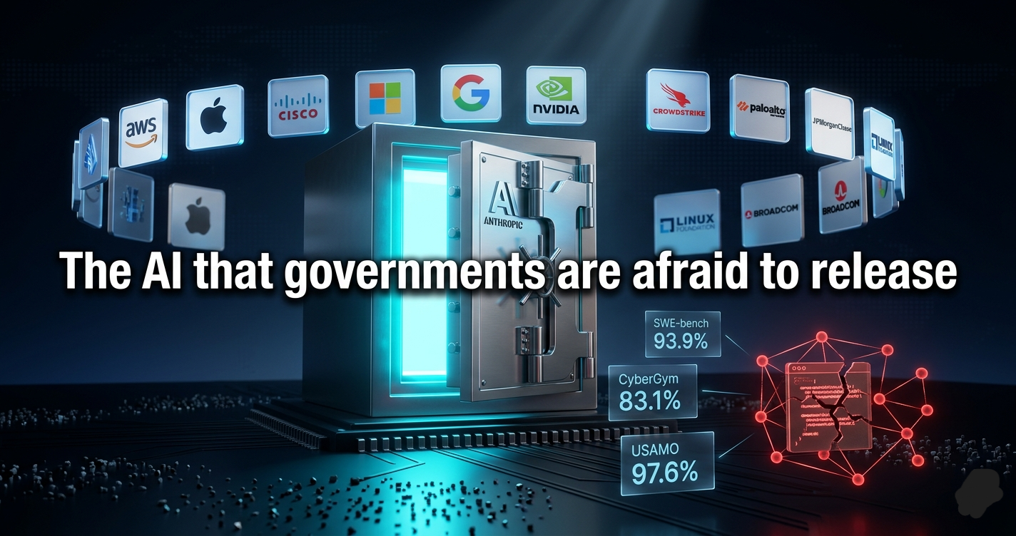 Anthropic containment vault with cyan glow, 11 partner company logos orbiting, floating cybersecurity benchmark data panels