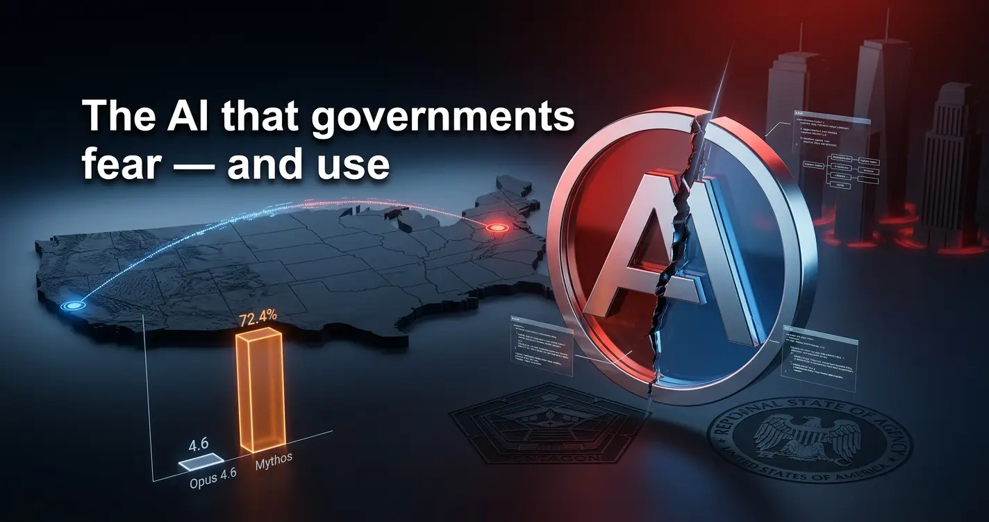 Cracked Anthropic logo split in red and blue light above a 3D US map with Pentagon and NSA silhouettes and exploit bar chart