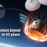 NASA Orion capsule descending with parachutes during Artemis II reentry, plasma glow visible, Moon in background