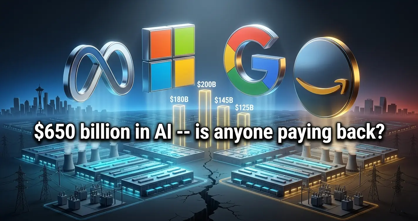 Four hyperscaler logos hover over a glowing AI data center campus with holographic capex bar charts showing $650B in spending