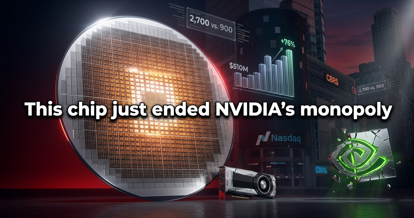 3D rendered Cerebras WSE-3 wafer-scale chip towering over NVIDIA B200 GPU with cracked NVIDIA logo and Nasdaq building in background