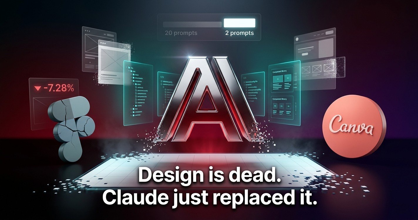 Anthropic logo glowing in crimson above a fractured Figma artboard grid, with teal codebase panels and Canva logo in background