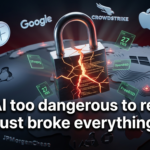 Fractured digital lock glowing amber above a silicon globe, orbited by tech company logos representing Project Glasswing's security coalition