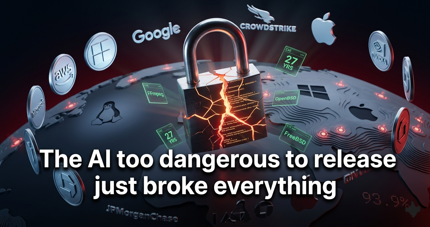 Fractured digital lock glowing amber above a silicon globe, orbited by tech company logos representing Project Glasswing's security coalition