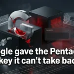 Google Gemini AI logo cracked open on a classified military server rack representing the Pentagon's unrestricted AI access deal 2026