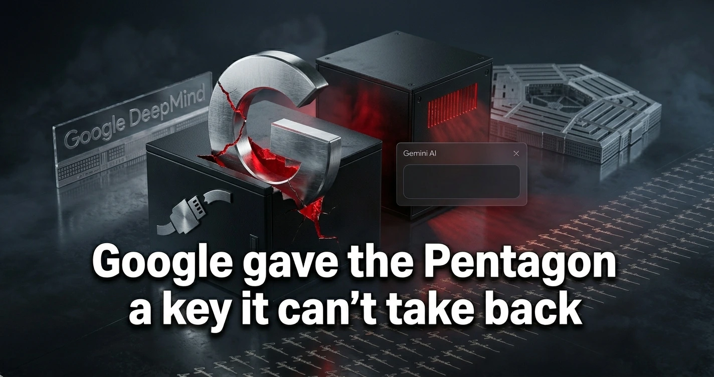 Google Gemini AI logo cracked open on a classified military server rack representing the Pentagon's unrestricted AI access deal 2026