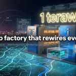 3D render of Intel and Terafab chip factories over Austin Texas cityscape with glowing 1 TW hologram and Intel 18A wafer