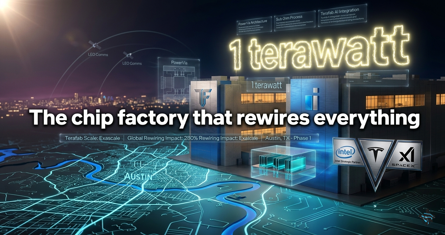 3D render of Intel and Terafab chip factories over Austin Texas cityscape with glowing 1 TW hologram and Intel 18A wafer