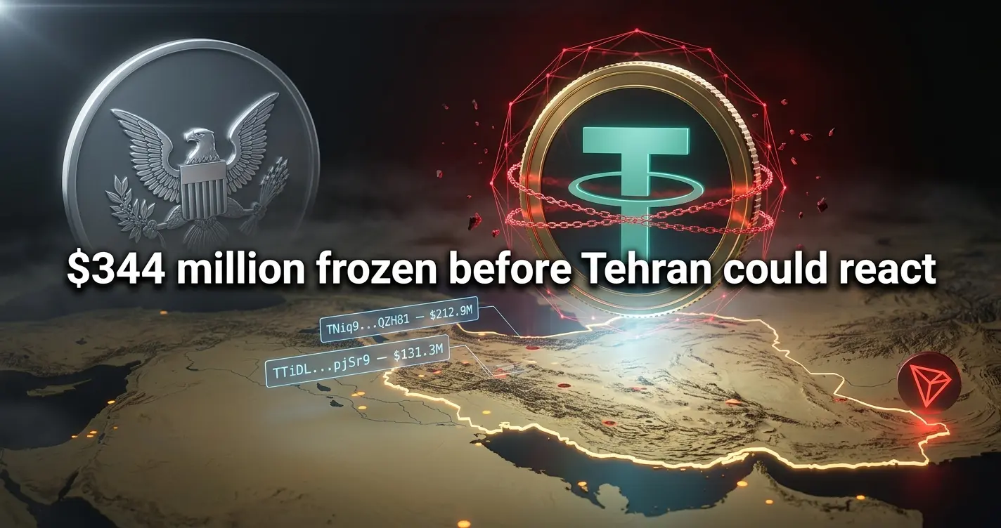 Tether USDT coin locked in blockchain freeze above Iran map representing $344 million OFAC sanctions action April 2026