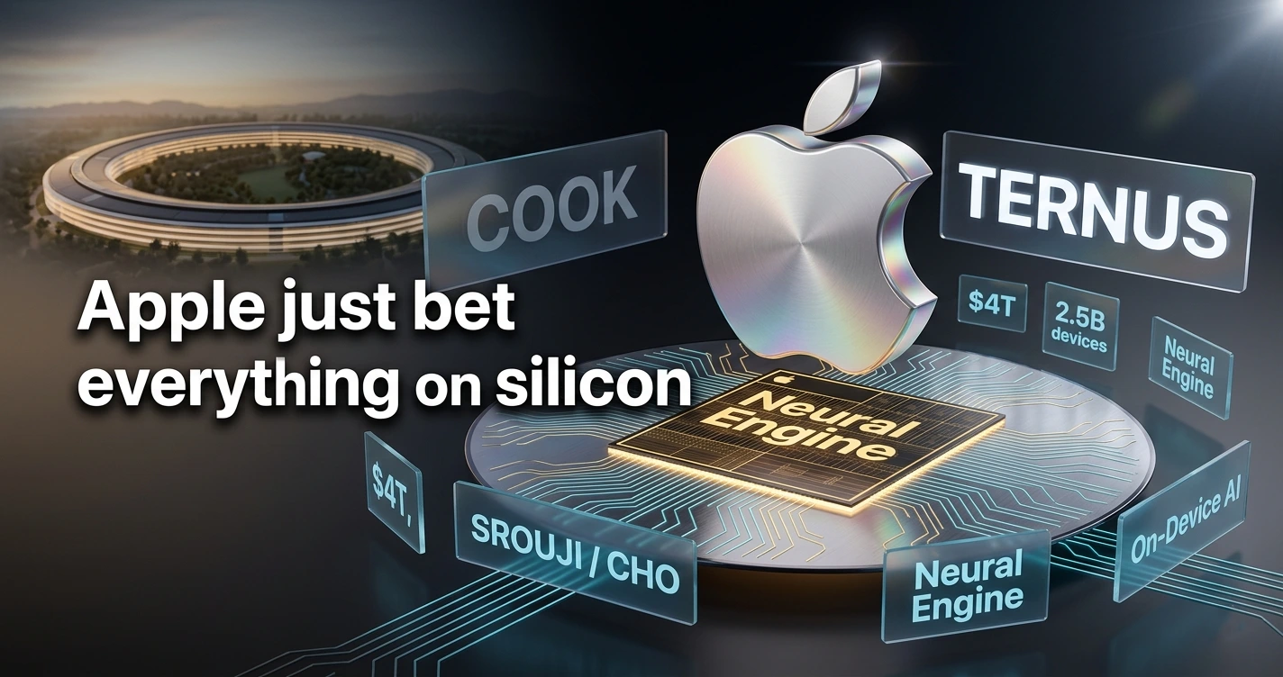 Apple logo above glowing Neural Engine silicon die with Apple Park campus in background, representing CEO succession