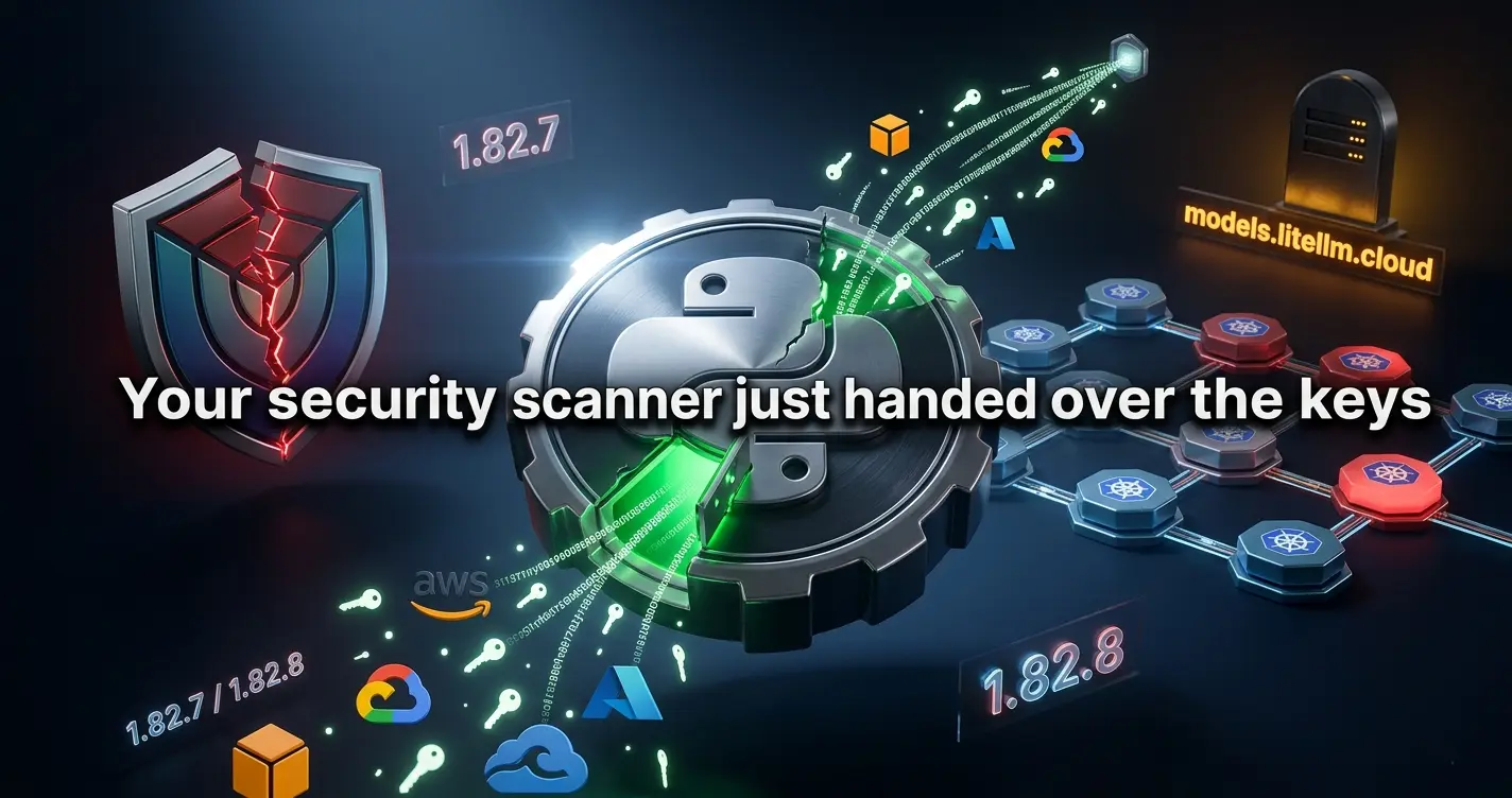 Cracked PyPI wheel with glowing green backdoor hatch, broken Trivy shield, and red Kubernetes nodes showing LiteLLM supply-chain attack