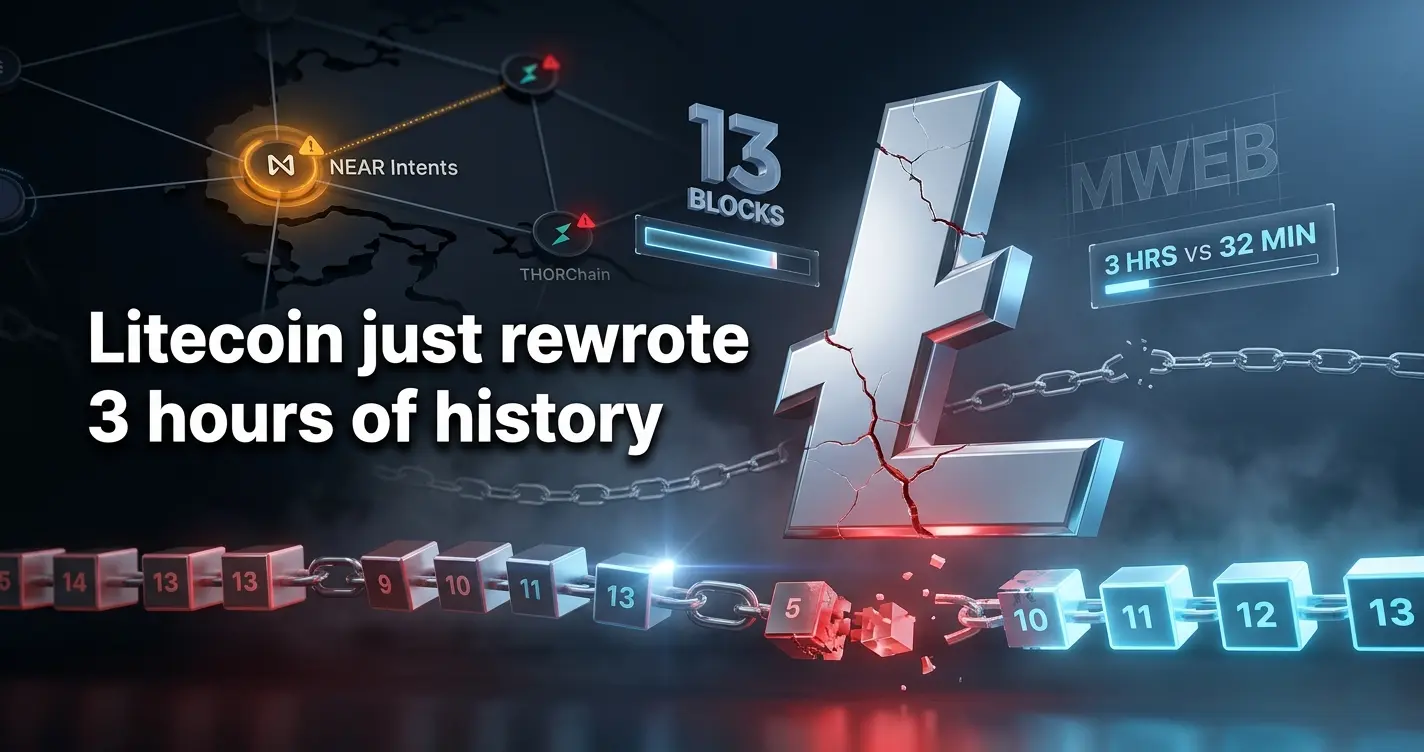 Fractured Litecoin logo with glowing red crack lines above a 13-block chain reorganization visualization after MWEB zero-day exploit