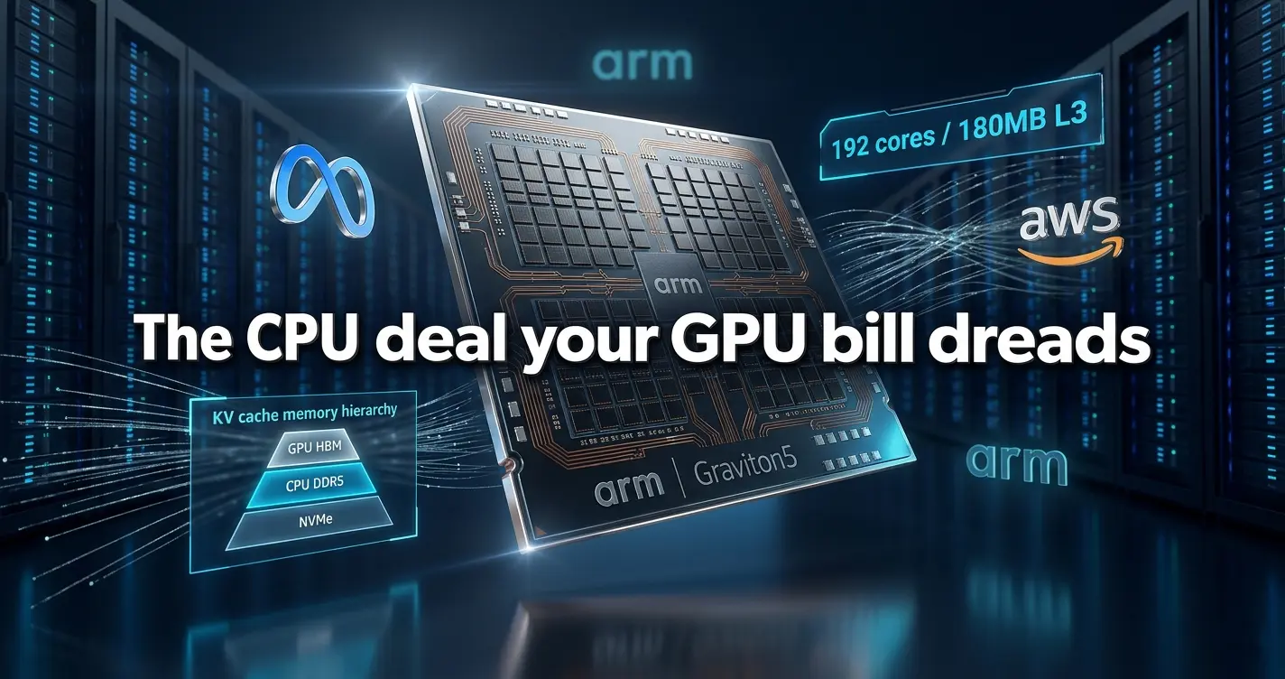 AWS Graviton5 192-core chip render flanked by Meta and AWS logos above a glowing data center floor