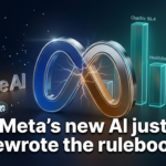 Meta Muse Spark AI model — split-tone chrome Meta logo with teal benchmark bars and lock icon on deep navy background
