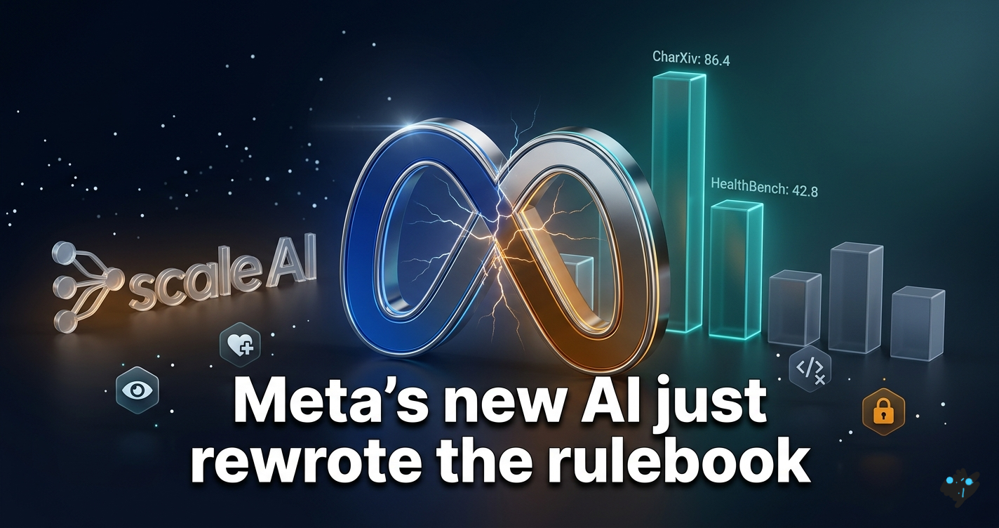 Meta Muse Spark AI model — split-tone chrome Meta logo with teal benchmark bars and lock icon on deep navy background