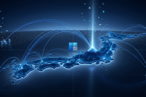 Abstract 3D sphere network representing Microsoft Japan AI sovereign cloud infrastructure with interconnected blue orbital nodes