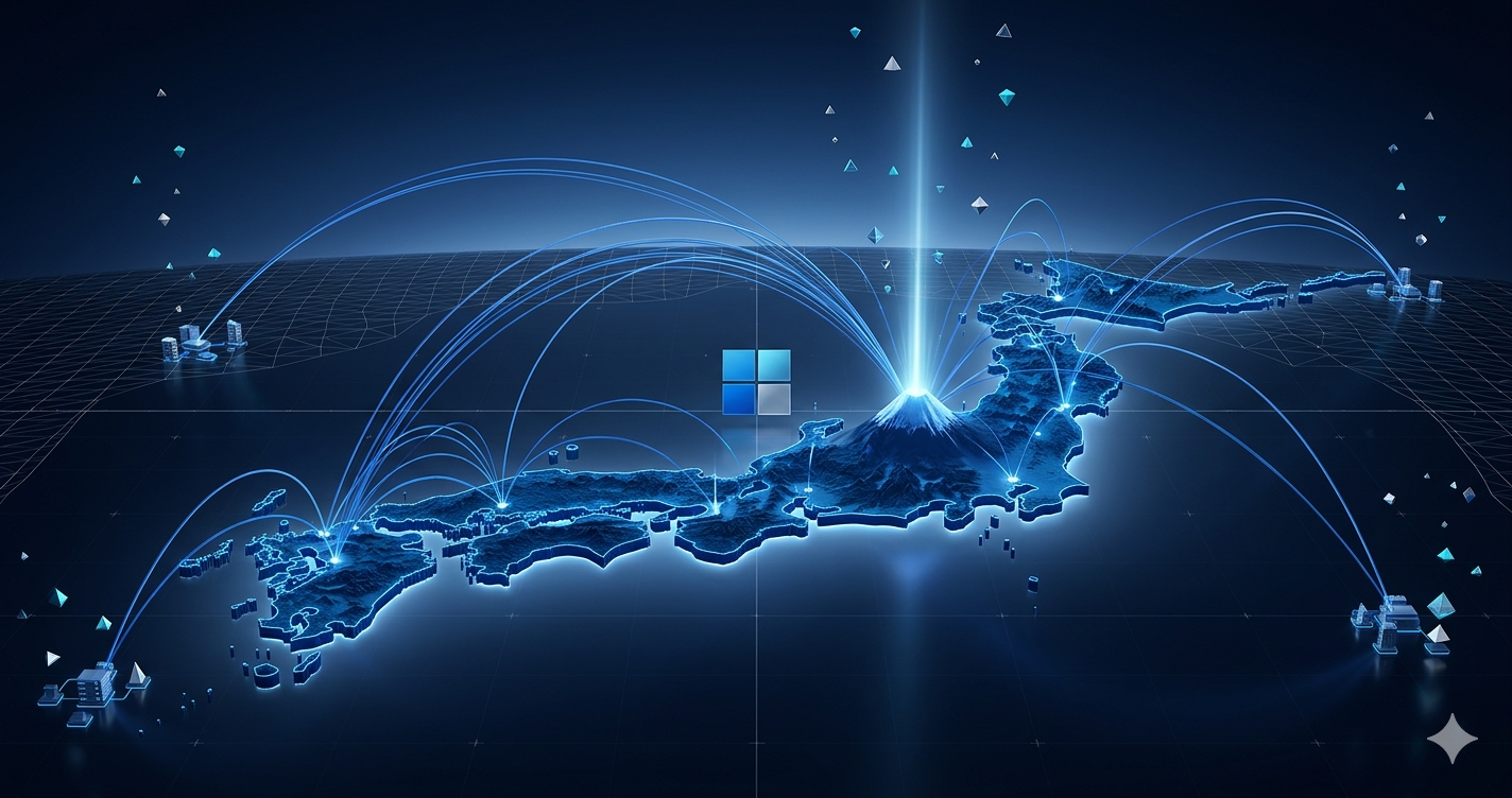 Abstract 3D sphere network representing Microsoft Japan AI sovereign cloud infrastructure with interconnected blue orbital nodes