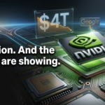3D render of NVIDIA logo glowing green over a vast GPU chip array with fraying data connections to Google, Amazon and Meta logos